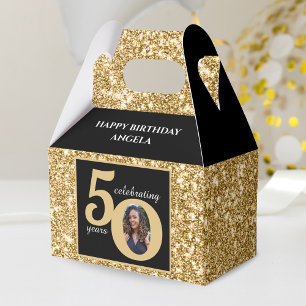 Black & Gold Glitter 50 Fifty Years 50th Birthday Favour Box