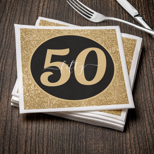 Black & Gold Glitter 50 Fifty Years 50th Birthday Napkin (Creator Uploaded)