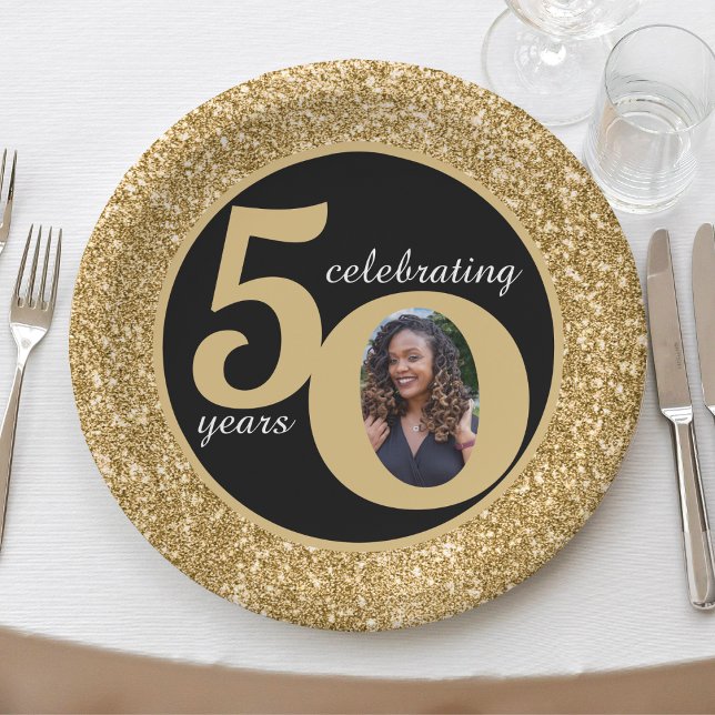 Black & Gold Glitter 50 Fifty Years 50th Birthday Paper Plate (black and gold glitter 50th birthday paper plates)