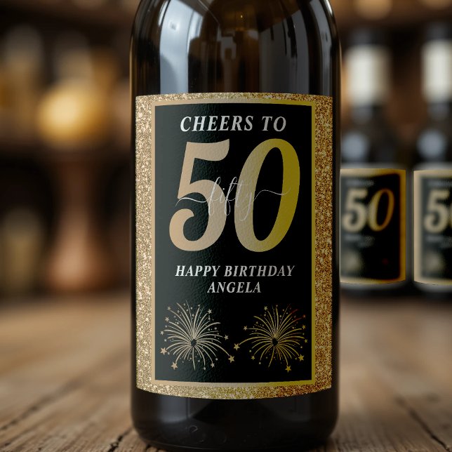 Black & Gold Glitter 50 Fifty Years 50th Birthday Wine Label (Creator Uploaded)