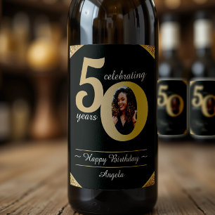Black & Gold Glitter 50 Fifty Years 50th Birthday Wine Label