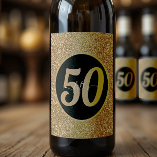 Black & Gold Glitter 50 Fifty Years 50th Birthday Wine Label