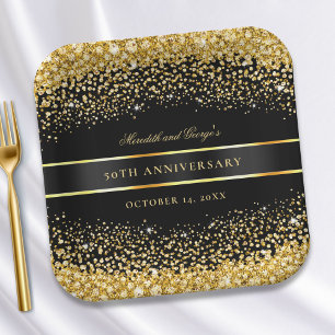Black Gold Glitter 50th Anniversary Paper Plate