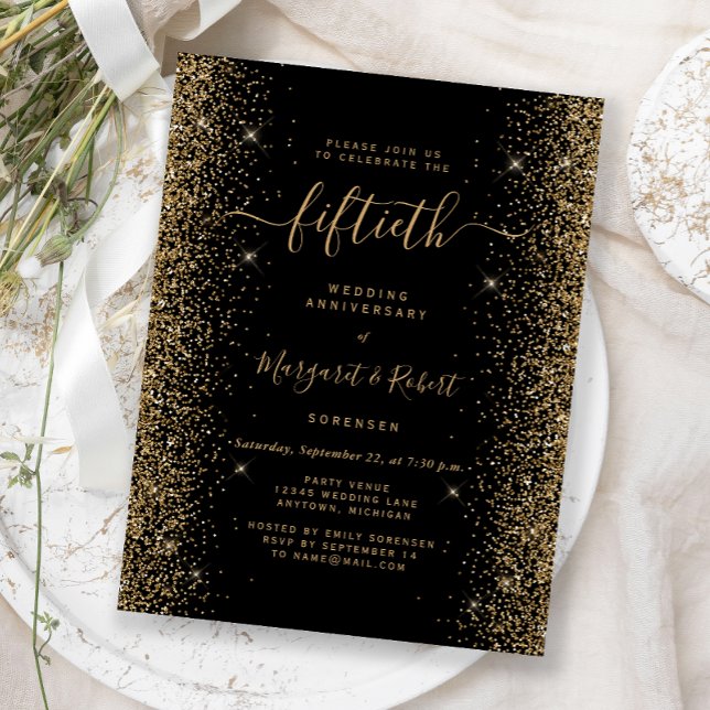 Black Gold Glitter 50th Anniversary Party Postcard (Creator Uploaded)