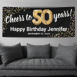 Black Gold Glitter 50th Birthday Banner<br><div class="desc">Celebrate a milestone birthday in style with our elegant fiftieth birthday party banner. Boasting a customisable stylish black background, faux gold sparkle, and modern 50th birthday celebration text, this banner is the perfect way to make a statement. Plus, our fifty gold helium balloons add an extra touch of glamour. Easily...</div>