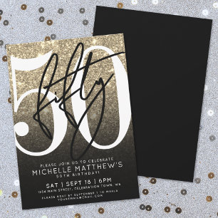 Black Gold Glitter 50th Birthday Invitation