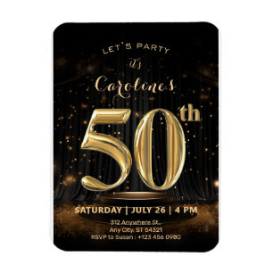 Black & Gold Glitter 50th Birthday Invitation Magnet