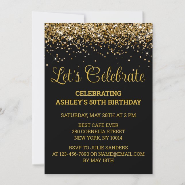 Black & Gold Glitter 50th Birthday Let's Celebrate Invitation (Front)