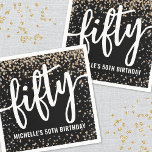 Black Gold Glitter 50th Birthday Napkin<br><div class="desc">Personalised Fifty 50th Birthday Paper Party Napkins. These celebratory napkins feature the word "Fifty" big across the centre in bold script, with "Name's 50th Birthday" displayed at the bottom in a clean sans serif font. Faux gold glitter sparkle confetti around the edges. Designed in a simple yet stylish black and...</div>