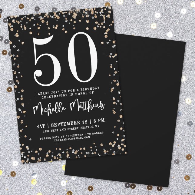 Black Gold Glitter 50th Birthday Party Invitation (Black Gold Glitter 50th Birthday Party Invitation)