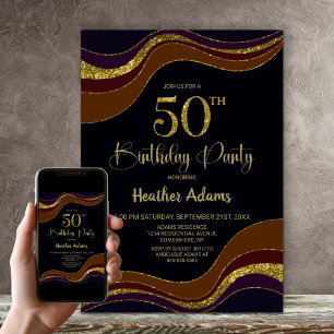 Black Gold Glitter 50th Birthday Party Invitation