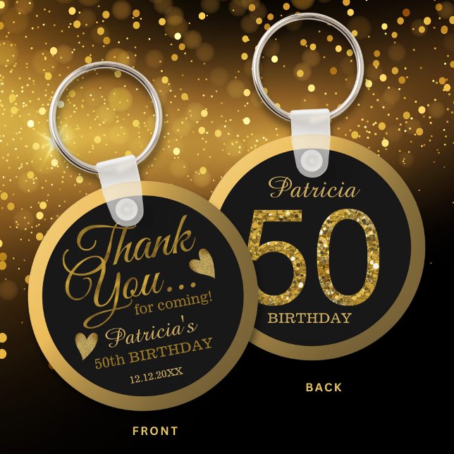 Black & Gold Glitter 50th Birthday Party Thank You Key Ring (Creator Uploaded)