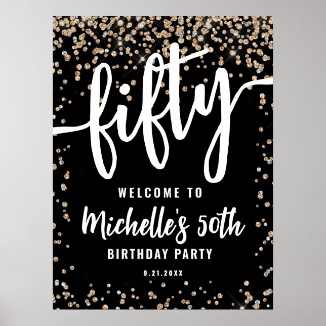 Black Gold Glitter 50th Birthday Welcome Sign (Front)