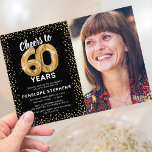 Black Gold Glitter 60th Birthday Photo Invitation<br><div class="desc">Elegant sixtieth birthday party invitation featuring a stylish black background that can be changed to any colour,  a photo of the birthday girl/boy,  gold sparkly glitter,  sixty gold hellium balloons,  and a modern 60th birthday celebration text template that is easy to personalise.</div>