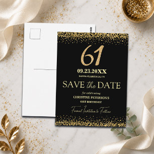 Black Gold Glitter 61st Birthday Save the Date Postcard