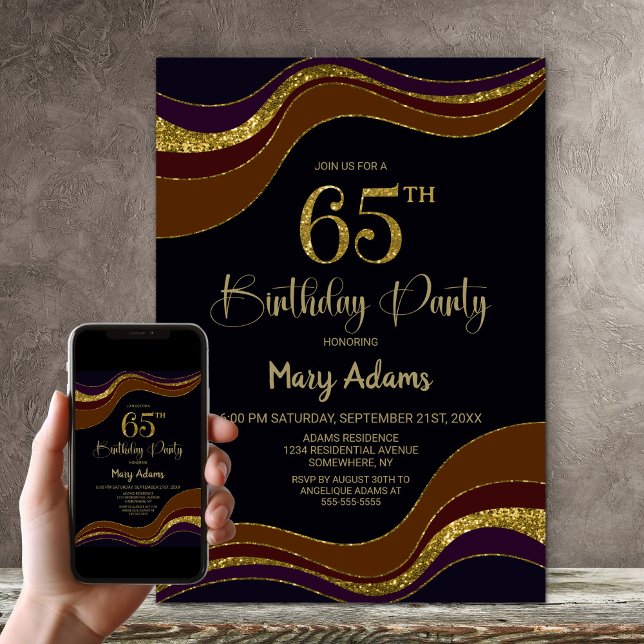 Black Gold Glitter 65th Birthday Party Invitation (Creator Uploaded)