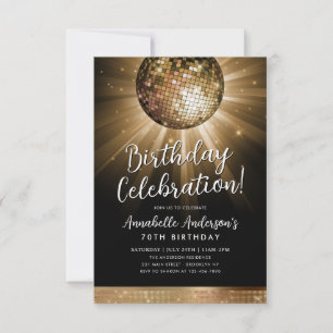 Black Gold Glitter 70s Party Disco Ball Birthday Card