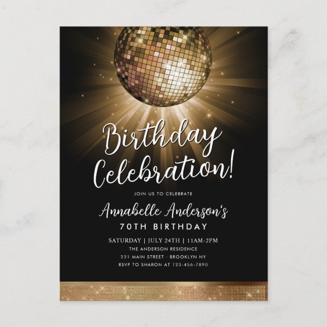 Black Gold Glitter 70s Party Disco Ball Birthday Postcard (Front)