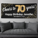 Black Gold Glitter 70th Birthday Banner<br><div class="desc">Elegant seventieth birthday party banner featuring a stylish black background that can be changed to any colour,  gold sparkly glitter,  seventy gold hellium balloons,  and a modern 70th birthday celebration text template that is easy to personalise.</div>