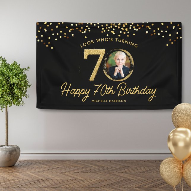 Black Gold Glitter 70th Birthday Party Your Photo  Banner (Creator Uploaded)