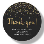 Black & Gold Glitter | 70th Birthday Thank You Classic Round Sticker<br><div class="desc">Customisable 70th birthday favour stickers featuring gold glitter on a black background.</div>