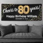 Black Gold Glitter 80th Birthday Banner<br><div class="desc">Celebrate a milestone birthday in style with our elegant eightieth birthday party banner. Boasting a customizable stylish black background, faux gold sparkle, and modern 80th birthday celebration text, this banner is the perfect way to make a statement. Plus, our eighty gold helium balloons add an extra touch of glamour. Easily...</div>