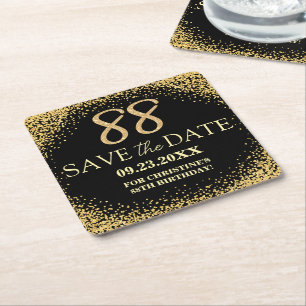 Black Gold Glitter 88th Birthday Save the Date Square Paper Coaster