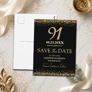 Black Gold Glitter 91st Birthday Save the Date Postcard