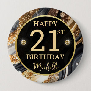 Black Gold Glitter Agate Birthday Badge