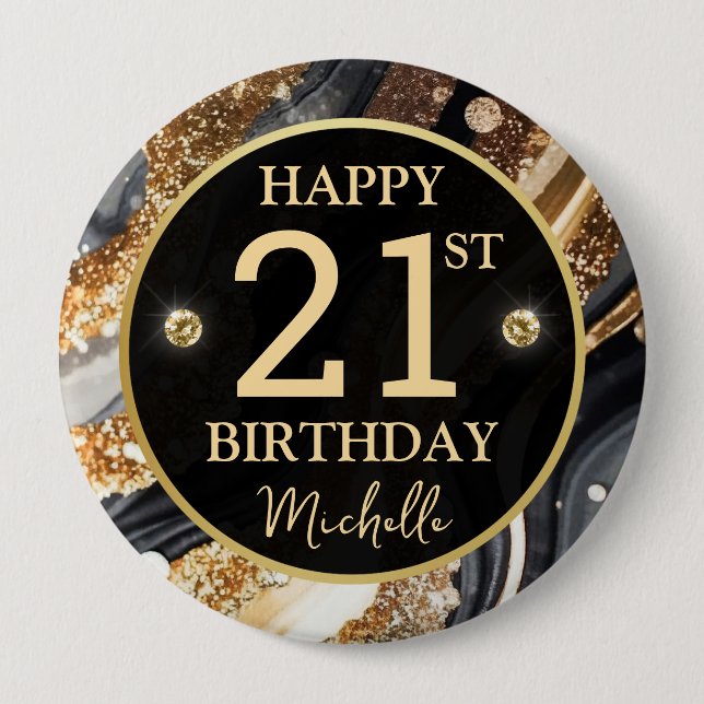 Black Gold Glitter Agate Birthday Badge (Front)
