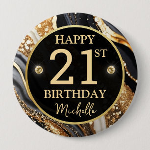 Black Gold Glitter Agate Birthday Badge