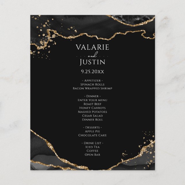 Black Gold Glitter Agate Budget Wedding Menu Flyer (Front)