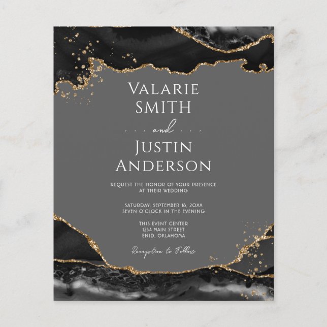 Black Gold Glitter Agate Wedding Invitation Flyer (Front)