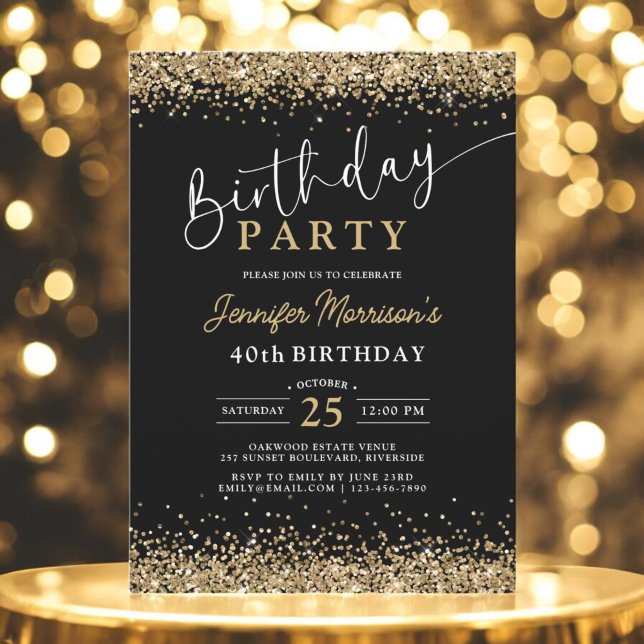 Black Gold Glitter Any Age 40th Birthday  Invitation (Creator Uploaded)