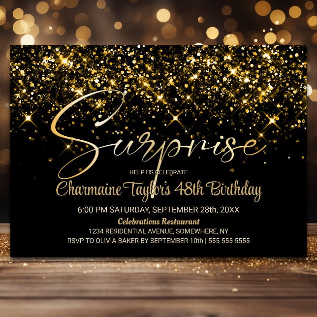 Black Gold Glitter Any Age Surprise Birthday Party Invitation (Creator Uploaded)