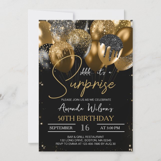 Black Gold Glitter Balloons 50th Surprise Birthday Invitation (Front)