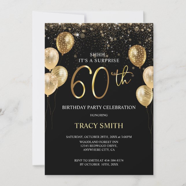 Black Gold Glitter Balloons 60th Surprise Birthday Invitation (Front)