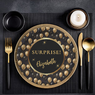 Black Gold Glitter Balloons Birthday Surprise Paper Plate
