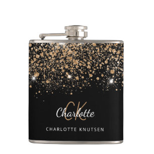 Black gold glitter best friends monogram hip flask