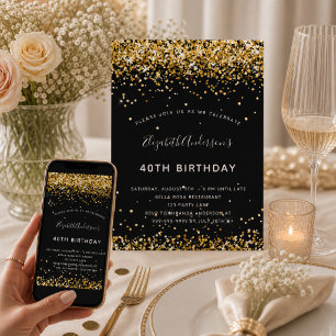 Black gold glitter birthday invitation