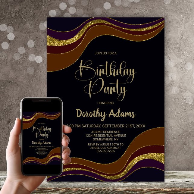 Black Gold Glitter Birthday Party Invitation (Creator Uploaded)