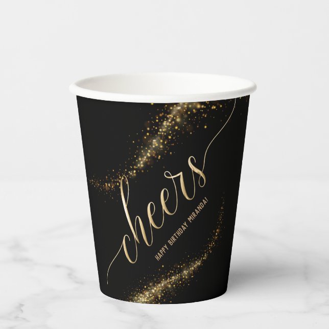 Black Gold Glitter Birthday Party Paper Cups (Front)