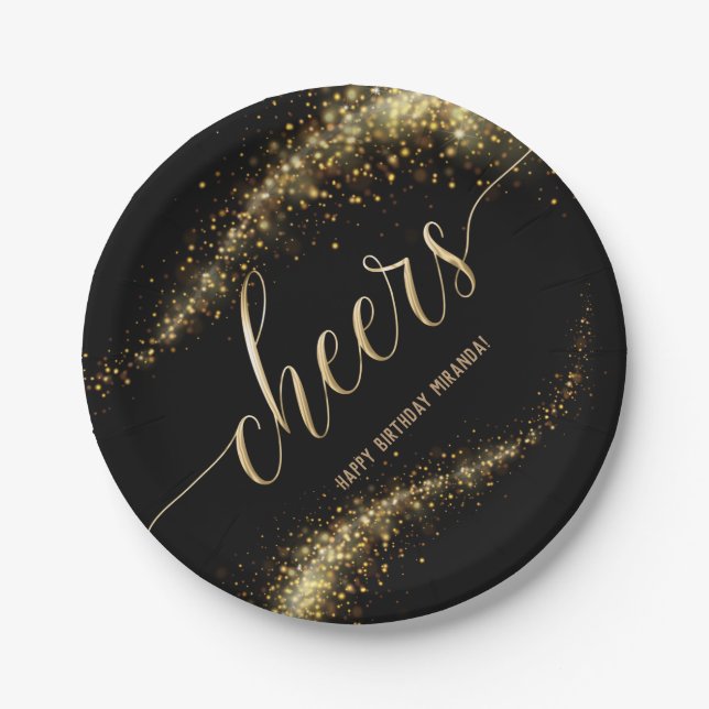 Black Gold Glitter Birthday Party Paper Plate (Front)