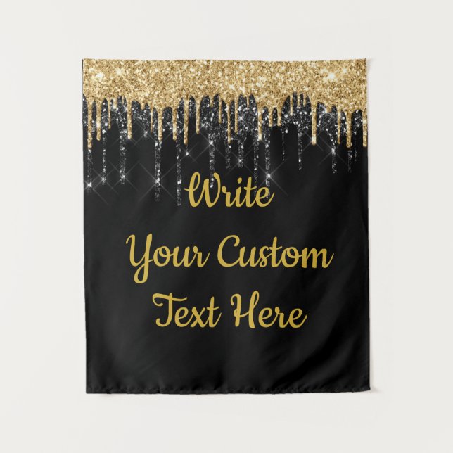 Black Gold Glitter Birthday Photo Booth Backdrop Tapestry (Front)