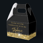 Black Gold Glitter Border Personalised Party Favour Box<br><div class="desc">Elegant black and gold faux glitter border party favour box for any occasion with editable "Thank you for celebrating with me" wording and a fun and funky signature script name, and space for your own saying on the back – use the template to create your own small gable favour box...</div>