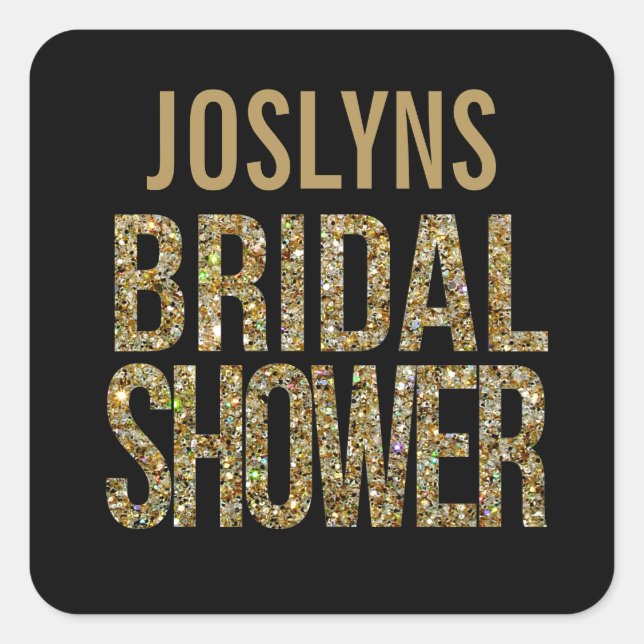 Black & Gold Glitter Bridal Shower Name Sticker (Front)