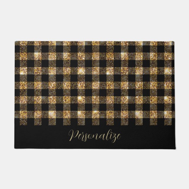 Black Gold Glitter Buffalo Plaid Personalised Doormat (Front)