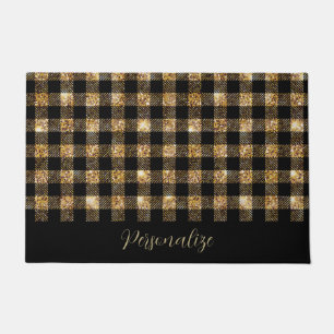 Black Gold Glitter Buffalo Plaid Personalized Doormat