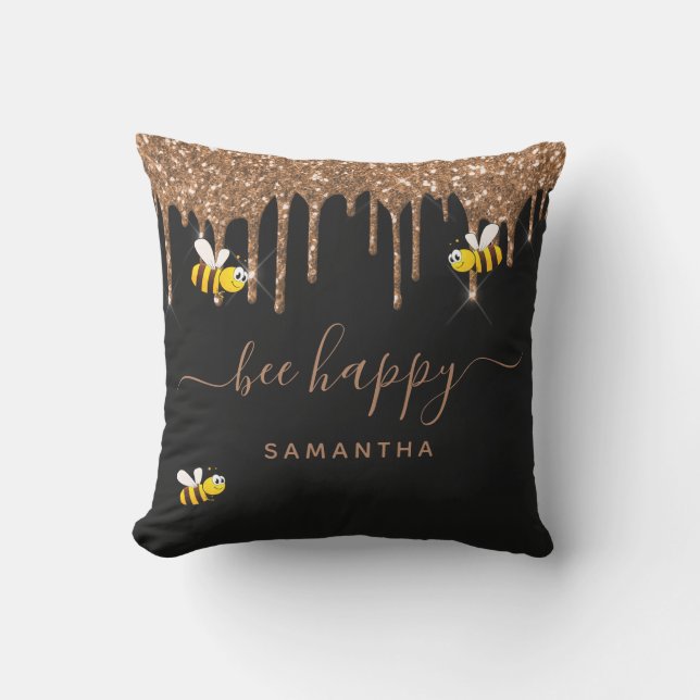 Black gold glitter bumble bees be happy monogram cushion (Front)