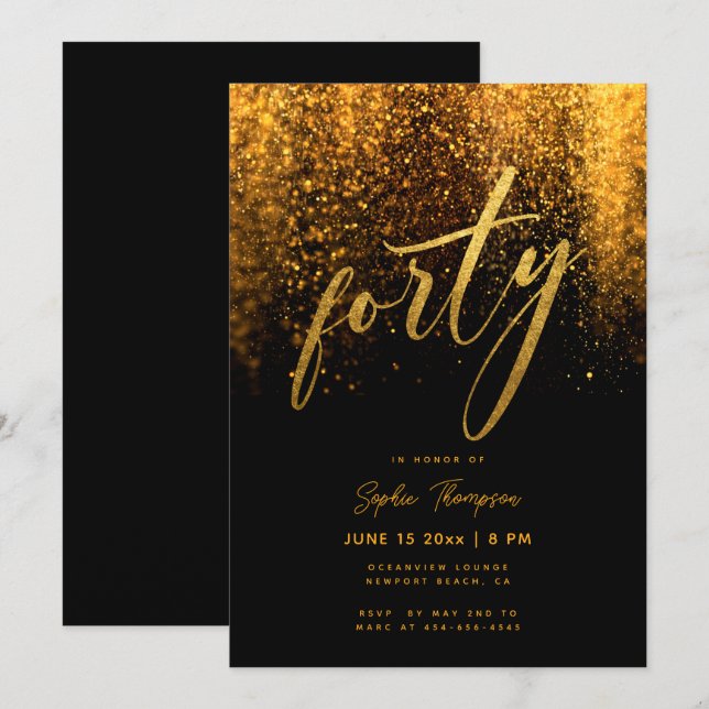 Black Gold Glitter Calligraphy Elegant 40 Birthday Invitation (Front/Back)